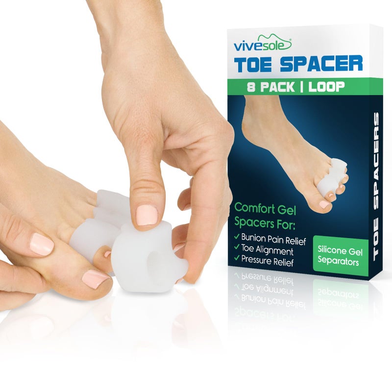 VIVEsole Toe Spreaders for Feet 8 Pack Silicone Spacers for Women Men Gel Separators for Bunions Overlapping Toes Pain Relief Orthotic Dividers for Athletes Alignment Corrector